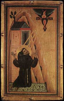 Maître de Saint François Bardi : Saint François reçoit les stigmates. Vers 1240-1250. Tempera sur bois, 81 x 51 cm. Florence, les Offices