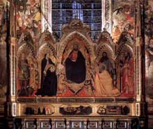 Orcagna : Le retable des Strozzi. 1354-1357. Tempera sur bois, 274 x 296 cm. Florence, Santa Maria Novella, Chapelle Strozzi