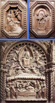 Orcagna : Tabernacle. 1359. Détail des sculptures : deux panneaux octogonaux de la vie de la vierge (présentation de la Vierge au temple et annonciation) et grande scène arrière du tabernacle représentant la dormition et l’Assomption de la Vierge. Florence, Orsanmichele