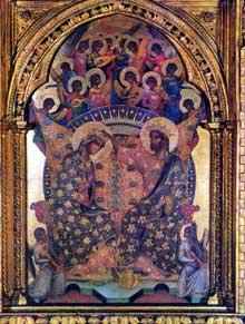 Paolo Veneziano : Polyptyque de Santa Chiara : détail : le couronnement de la Vierge. Vers 1350. Tempera sur panneau de bois, 167 x 285 cm. Venise, Gallerie dell’Accademia