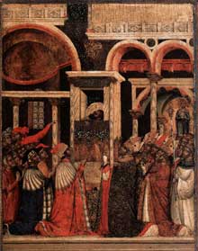 Paolo Veneziano : Retable de Saint Marc, découverte des reliques de Saint Marc. 1345. Venise, basilique Saint Marc