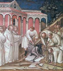 Spinello Aretino : Histoires de la légende de saint Benoît. 1387. Fresque. Florence, San Miniato al Monte. La scène représente un exorcisme de saint Benoît