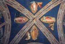 Spinello Aretino : Les quatre Evangelistes. 1387. Fresque. Florence, San Miniato al Monte. La fresque de la voûte de la sacristie représente les quatre évangélistes