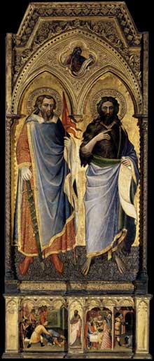 Spinello Aretino : Saint Nemesius et Saint Jean Baptiste. 1385. Tempera sur panneau de bois, 194 x 95 cm. Budapest, Musée des Beaux Arts