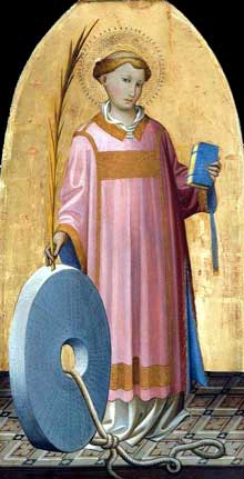 Starnina : Saint Vincent. Vers 1410. Tempera sur panneau de bois, 67 x 35 cm. Boston, Museum of Fine Arts. Ce panneau bien préservé représente Saint-Vincent ; il fait partie d’un grand retable aujourd’hui démembré