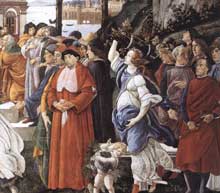 Botticelli : les trois tentations du Christ. Détail. 1481-1482. Fresque, 345 x 555 cm. Chapelle Sixtine, Vatican