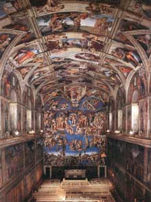 Chapelle Sixtine, Vatican : lintérieur. 1475-1483 pour les fresques de murs ; 1508-1512 pour la voûte ; 1535-1541 pour le jugement dernier