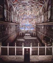 Chapelle Sixtine, Vatican : l’intérieur. 1475-1483 pour les fresques de murs ; 1508-1512 pour la voûte ; 1535-1541 pour le jugement dernier