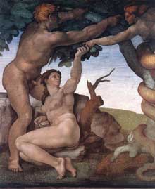 La chute et l’expulsion du jardin d’Eden. 1509-1510. Fresque, 280 x 570 cm. Chapelle Sixtine, Vatican