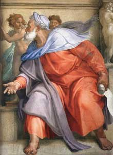 Le prophète Ezéchiel. 1510. Fresque de la cinquième section de la voûte, 355 x 380 cm. Chapelle Sixtine, Vatican
