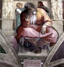 Le prophète Jérémie. 1511. Fresque de la première section de la voûte, 390 x 380 cm. Chapelle Sixtine, Vatican
