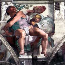 Le prophète Jonas. 1511. Fresque entre les pendentifs surmontant l’autel, 400 x 380 cm. Chapelle Sixtine, Vatican