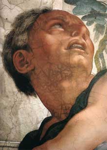 Le prophète Jonas. 1511. Fresque entre les pendentifs surmontant lautel, 400 x 380 cm. Chapelle Sixtine, Vatican