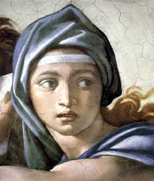 La Sibylle de Delphes. 1509. Fresque de la neuvième section de la voûte, 350 x 380 cm. Chapelle Sixtine, Vatican