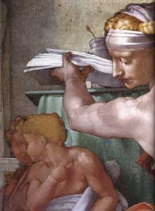 La Sibylle de Libye. 1511. Fresque de la première section de la voûte, 395 x 380 cm. Chapelle Sixtine, Vatican