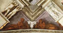 Judith et Holopherne. Détail : nus de bronze. Pendentif coté entrée. 1509. Fresque, 570 x 970 cm. Chapelle Sixtine, Vatican