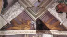 Le châtiment d’Aman. Pendentif côté autel. 1511. Fresque, 585 x 985 cm. Chapelle Sixtine, Vatican