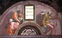 Lunette : les ancêtres du Christ : Salmon, Booz, Jobed. 1511-1512. Fresque, 215 x 430 cm. Chapelle Sixtine, Vatican