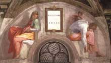 Lunette : les ancêtres du Christ : Roboam, Abia. 1511-1512. Fresque, 215 x 430 cm. Chapelle Sixtine, Vatican