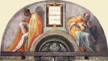 Lunette : les ancêtres du Christ : Asa, Joshaphat, Joram. 1511-1512. Fresque, 215 x 430 cm. Chapelle Sixtine, Vatican