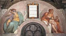 Lunette : les ancêtres du Christ : Ozias, Joatham, Achaz. 1511-1512. Fresque, 215 x 430 cm. Chapelle Sixtine, Vatican