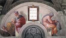 Lunette : les ancêtres du Christ : Ezéchias, Manassé, Amon. 1511-1512. Fresque, 215 x 430 cm. Chapelle Sixtine, Vatican