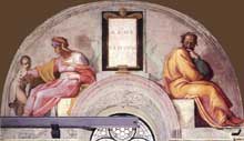 Lunette : les ancêtres du Christ : Azor, Sadok. 1511-1512. Fresque, 215 x 430 cm. Chapelle Sixtine, Vatican