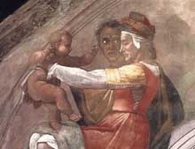 Lunette : les ancêtres du Christ : Eléazar, Mathan. 1511-1512. Fresque, 215 x 430 cm. Chapelle Sixtine, Vatican