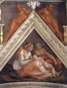 Voûtain des ancêtres du Christ : Zorobabel et sa famille. 1510. Fresque, 245 x 340 cm. Chapelle Sixtine, Vatican