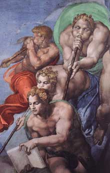 Le jugement dernier, détail : larchange Michel avec le livre des élus. 1537-1541. Fresque, Chapelle Sixtine, Vatican