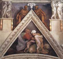 Voûtain des ancêtres du Christ : Ozias et ses parents. 1510. Fresque, 245 x 340 cm. Chapelle Sixtine, Vatican