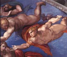 Le jugement dernier, dÃ©tail de la lunette supÃ©rieure droite. 1537-1541. Fresque, Chapelle Sixtine, Vatican