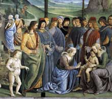 Le Pérugin : le retour de Moïse en Egypte et la circoncision de son fils Eliézer. Détail. Vers 1482. Fresque, 350x572cm. Chapelle Sixtine, Vatican