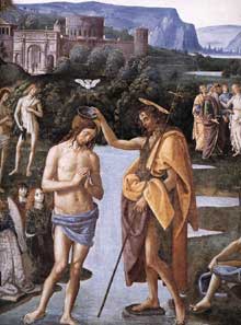 Le Pérugin : le baptême du Christ. Détail. Vers 1482. Fresque, 335x540cm. Chapelle Sixtine, Vatican