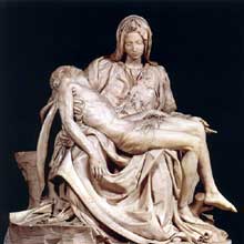 Pieta. 1499. Marbre, 174 cm, 195 cm avec la base. Basilique saint Pierre, Vatican