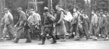 Dachau : une colonne de prisonniers évacués des sous camps de Munich Riem et de Munich Agfa traverse la ville de Grünwald le 29 avril 1945