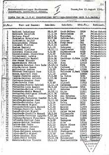 Liste de détenus « invalides » envoyés le 5 août 1941 de Gusen au « sanatorium » de Hartheim, annexe du camp de Dachau, où il seront gazés