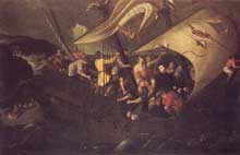 André Reinoso : saint François et le miracle du naufrage. 1619-1622. Huile sur toile, 140 x 157 cm. Eglise san Roque, Lisbonne